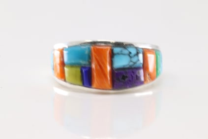 Native America Navajo Sterling Silver Multi-Color Stone Ring By Yazzie.