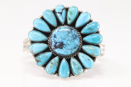 Native America Navajo Sterling Silver Kingman Turquoise Bracelet Cuff By M.Spencer.