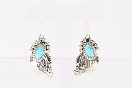 Native America Navajo Sterling Silver Turquoise Leaf Dangling Earring's By Annette Martinez.