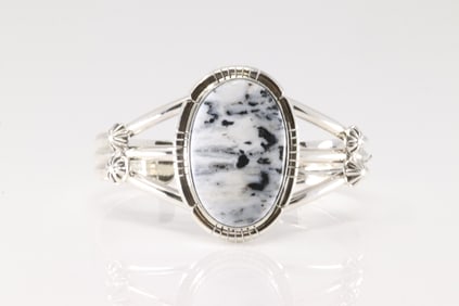 Native America Navajo Sterling Silver White Buffalo Bracelet Cuff By S.E.