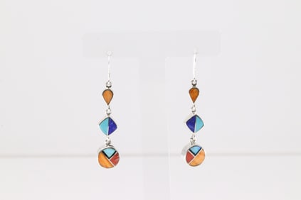 Native America Navajo Sterling Silver Multi-Color Stone Inlay Dangling Earring's By James Manygoats.