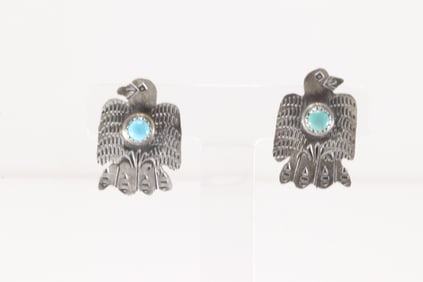 Native America Navajo Sterling Silver Kingman Turquoise Thunderbird Post Earring's By Gabriela
