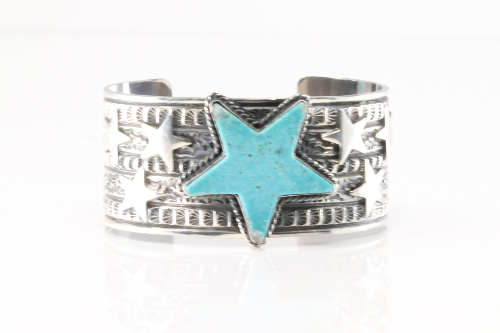 Native America Navajo Sterling Silver Kingman Turquoise Star Bracelet Cuff By Sunshine Reeves. (1 of 4)