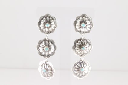 Native America Navajo Sterling Silver Turquoise Conch Post / Dangling Earring's By Joan Begay.