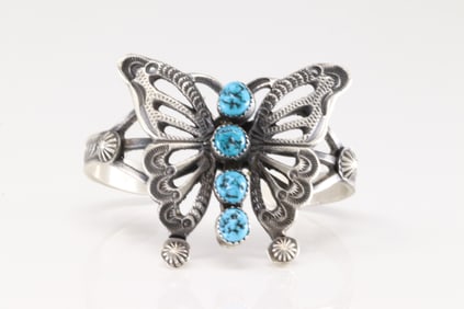 Native America Navajo Sterling Silver Kingman Turquoise Butterfly Bracelet Cuff By EL Billah.