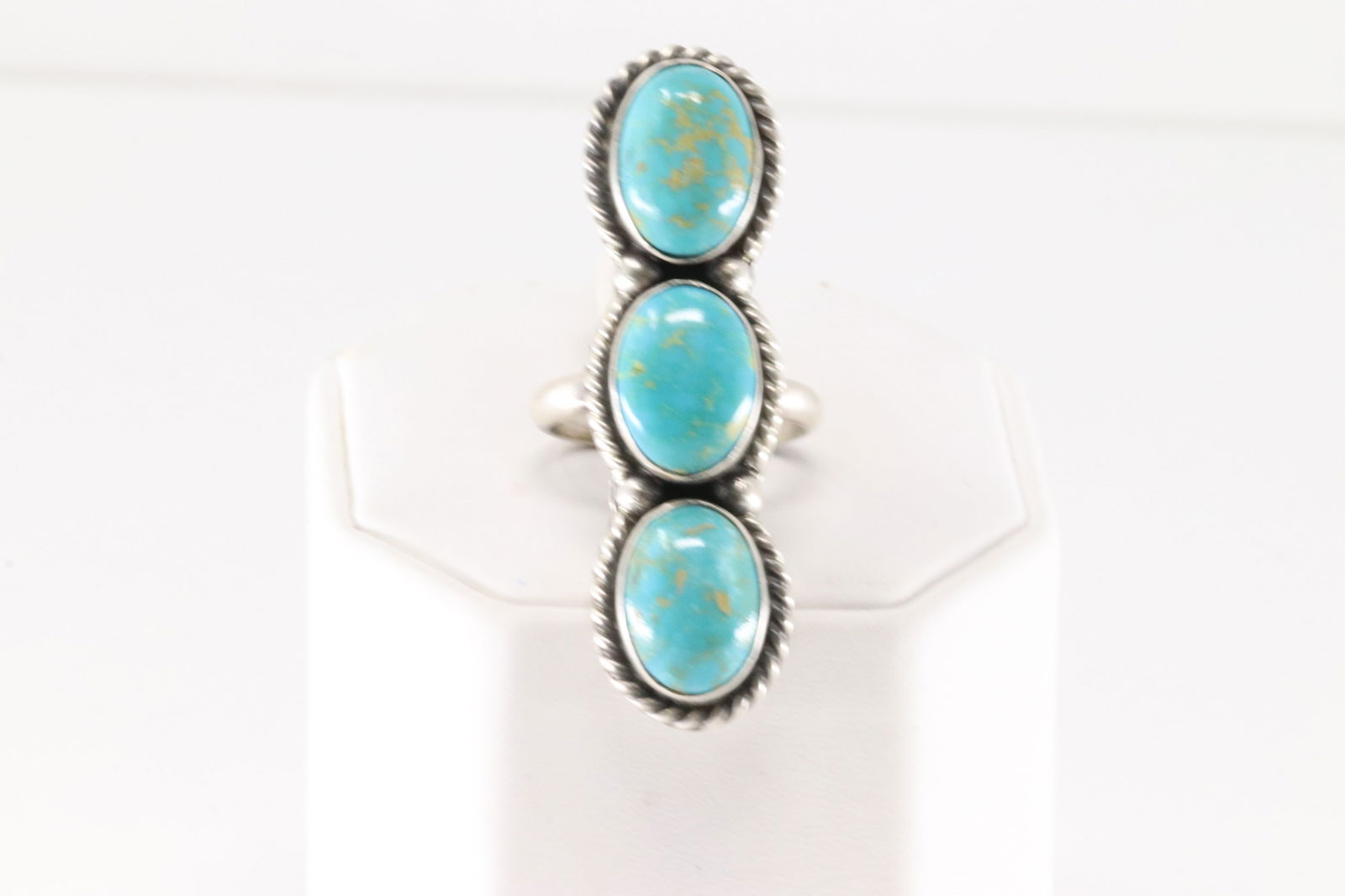Native America Navajo Sterling Silver Kingman Turquoise Ring 3 Stone By A.M. (1 of 4)