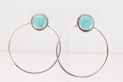 Native America Navajo Sterling Silver Kingman Turquoise Hoop Post Earring's By Elouise Kee.