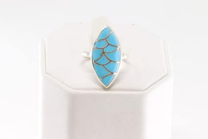 Native America Zuni Sterling Silver Turquoise Inlay Ring By O.L.