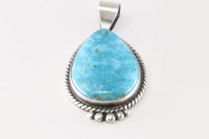 Native America Navajo Sterling Silver Kingman Turquoise Pendant By Judith Dixon.