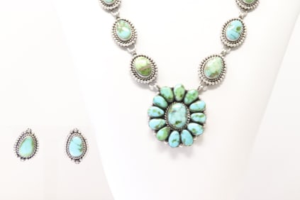 Native America Navajo Sterling Silver Sonora Gold Turquoise Necklace & Earring's Set By P.Johnson.