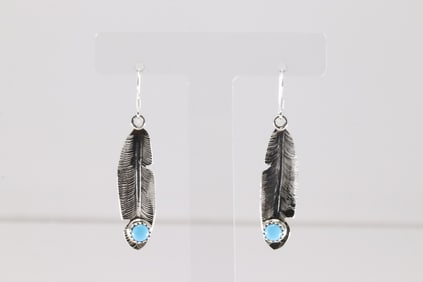 Native America Navajo Sterling Silver Turquoise Feather Dangling Earring's By Genevieve Francisco.