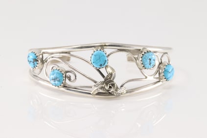Native America Navajo Sterling Silver Turquoise Bracelet Cuff By C.