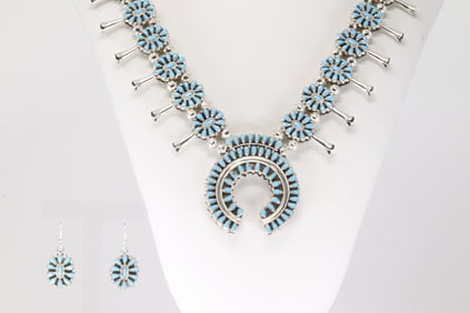 Native America Navajo Sterling Silver Synthetic Turquoise & Coral Double Face Squash Blossom