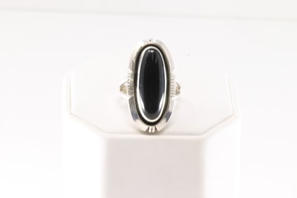 Native America Navajo Sterling Silver Black Onyx Ring By T.