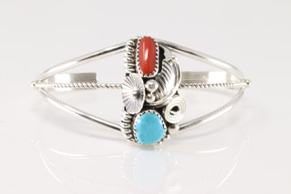 Native America Navajo Sterling Silver Coral & Turquoise Bracelet Cuff By Max Calladitto.