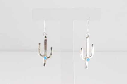 Native America Navajo Sterling Silver Turquoise Cactus Dangling Earring's By Sylvia Chee.