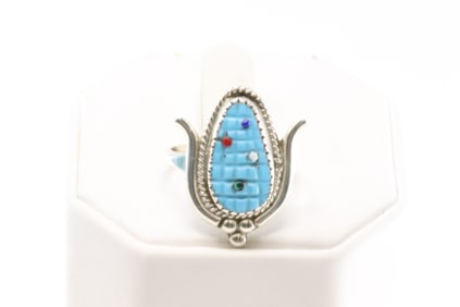 Native America Zuni Sterling Silver Turquoise & Multi-Color Corn Ring By K.Etsate.
