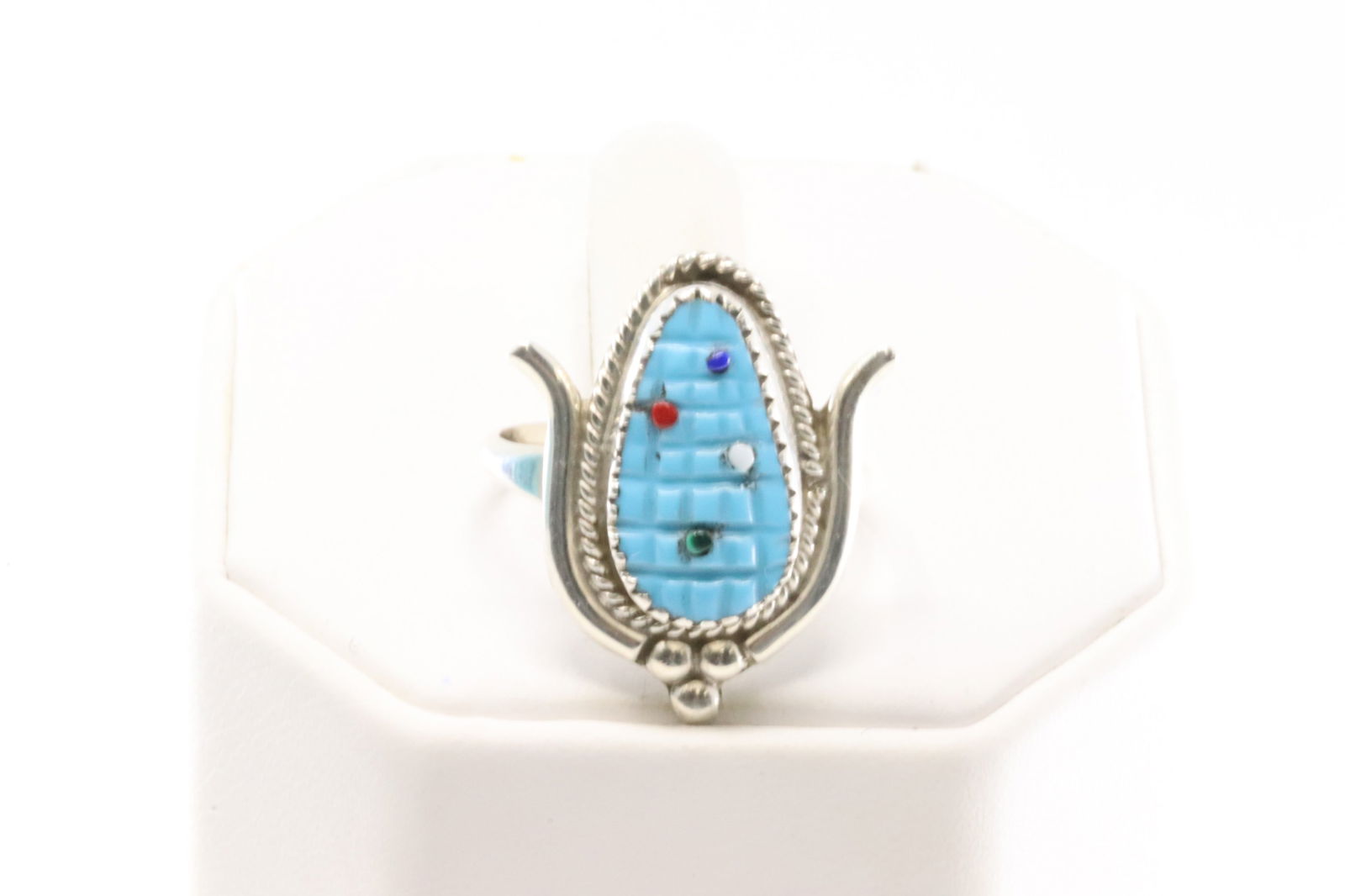 Native America Zuni Sterling Silver Turquoise & Multi-Color Corn Ring By K.Etsate. (1 of 4)