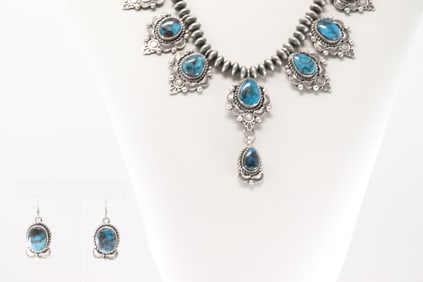 Native America Navajo Sterling Silver Kingman Turquoise Necklace & Earring's Set By B.Yellowhorse.