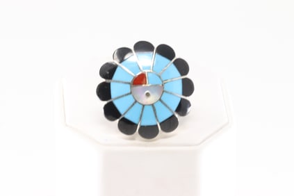Native America Zuni Sterling Silver Multi-Color Stone Inlay Ring By F.D.S.