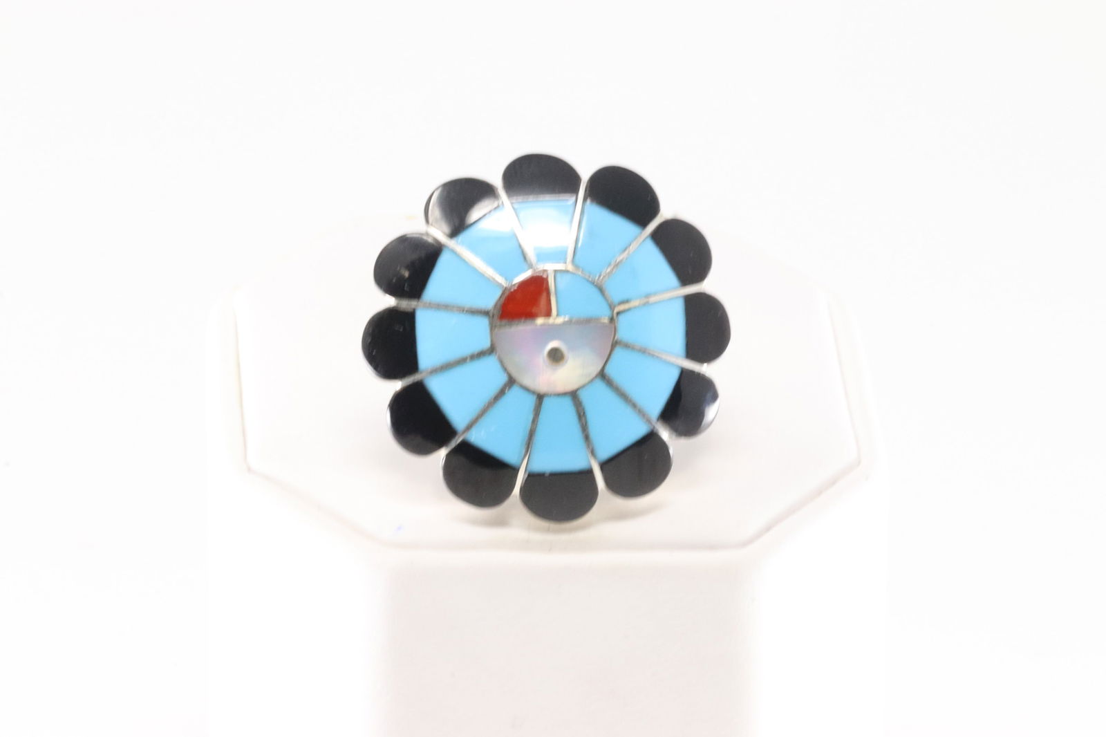 Native America Zuni Sterling Silver Multi-Color Stone Inlay Ring By F.D.S.