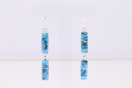 Native America Navajo Sterling Silver Turquoise Inlay Dangling Earring's By Leona Delgarito.