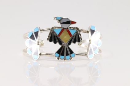 Native America Zuni Sterling Silver Multi-Color Stone Inlay Thunderbird Bracelet By Adrian Wallace.