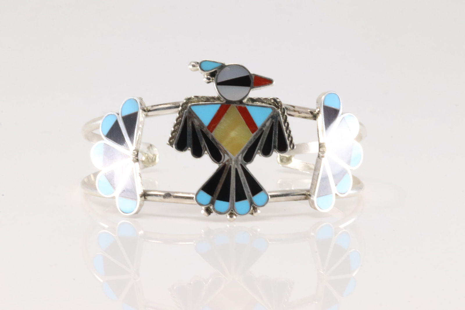 Native America Zuni Sterling Silver Multi-Color Stone Inlay Thunderbird Bracelet By Adrian Wallace. (1 of 4)