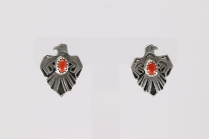 Native America Navajo Sterling Silver Coral Thunderbird Post Earring's By Paige Gordon.