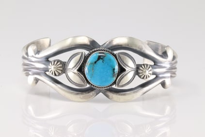 Native America Navajo Sterling Silver Turquoise Bracelet Cuff By Henry Morgan.