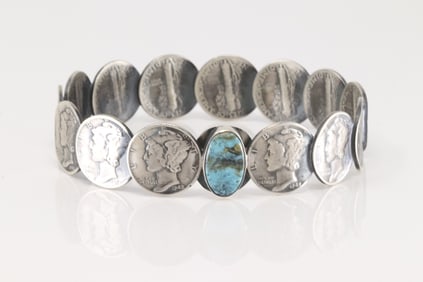 Native America Navajo Sterling Silver Mercury Dime Turquoise Bangle Bracelet By James McCabe.