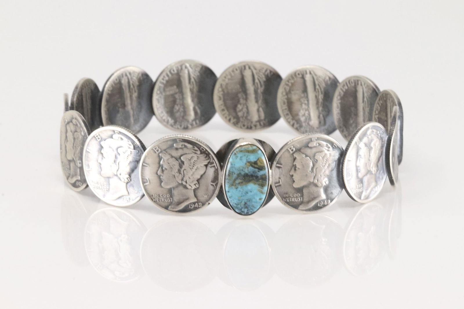 Native America Navajo Sterling Silver Mercury Dime Turquoise Bangle Bracelet By James McCabe. (1 of 4)