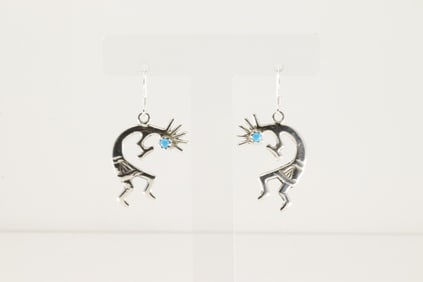 Native America Navajo Sterling Silver Turquoise Kokopelli Dangling Earring By Lorraine Chee.