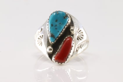 Native America Navajo Sterling Silver Coral & Turquoise Ring By Mary Lincoln.