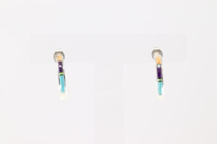 Native America Navajo Sterling Silver Multi-Color Stone Inlay Hoop Earring's.
