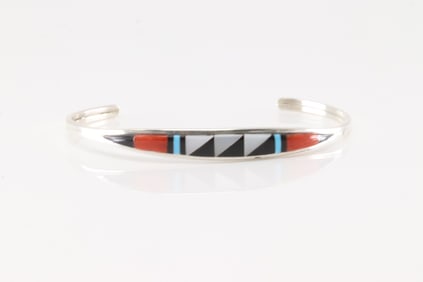Native America Zuni Sterling Silver Multi-Color Stone Inlay Bracelet By Cena.