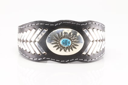Native America Navajo Sterling Silver Turquoise Leather Bracelet Cuff By F.Armstrong.