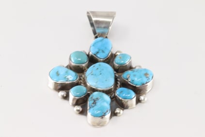 Native America Navajo Sterling Silver Kingman Turquoise Pendant By W.D.