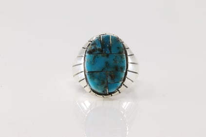 Native America Navajo Sterling Silver Turquoise Inlay Ring By R.