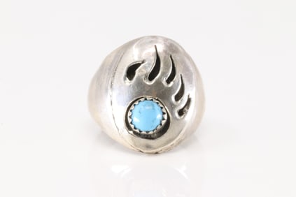 Native America Navajo Sterling Silver Bear Paw Turquoise Ring By J.T.