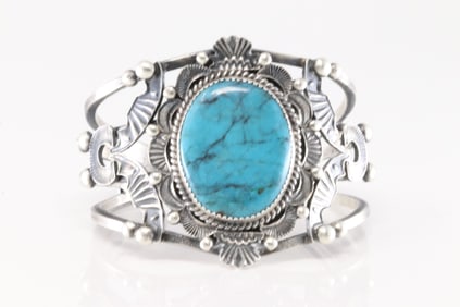 Native America Navajo Sterling Silver Kingman Turquoise Bracelet Cuff By Kevin Billah.