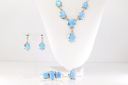 Native America Navajo Sterling Silver Synthetic Blue Opal Necklace / Earring's / Ring & Bracelet