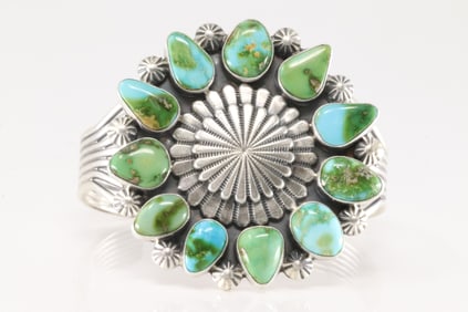 Native America Navajo Sterling Silver Sonora Gold Turquoise Bracelet Cuff By Tom Lewis.