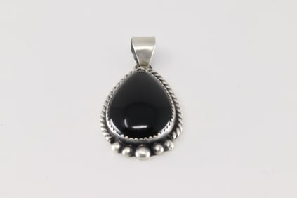 Native America Navajo Sterling Silver Black Onyx Pendant By F.