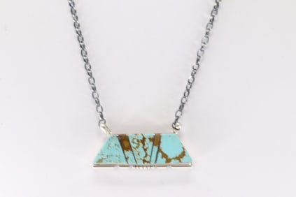 Native America Navajo Sterling Silver Number 8 Turquoise Inlay Necklace By Brandon Etcitty.