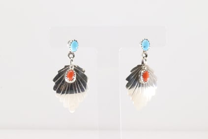 Native America Navajo Sterling Silver Coral & Turquoise Leaf Post / Dangling Earring's By Genevieve
