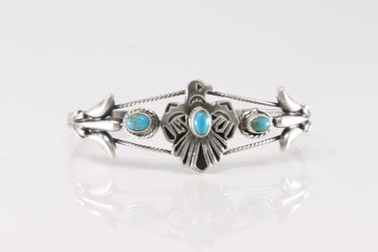 Native America Navajo Sterling Silver Turquoise Thunderbird Bracelet By Bobby Platero.