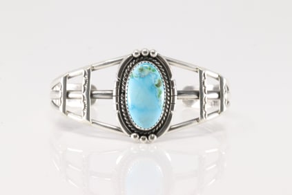 Native America Navajo Sterling Silver Kingman Turquoise Bracelet Cuff By Allana Yellow.