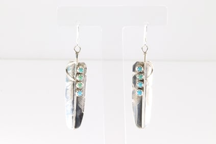 Native American Navajo Sterling Silver Turquoise Feather Dangling Earring's By Chester Charley.