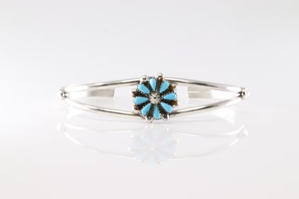 Native American Zuni Sterling Silver Turquoise Bracelet Cuff By David & Sarita Leekita.
